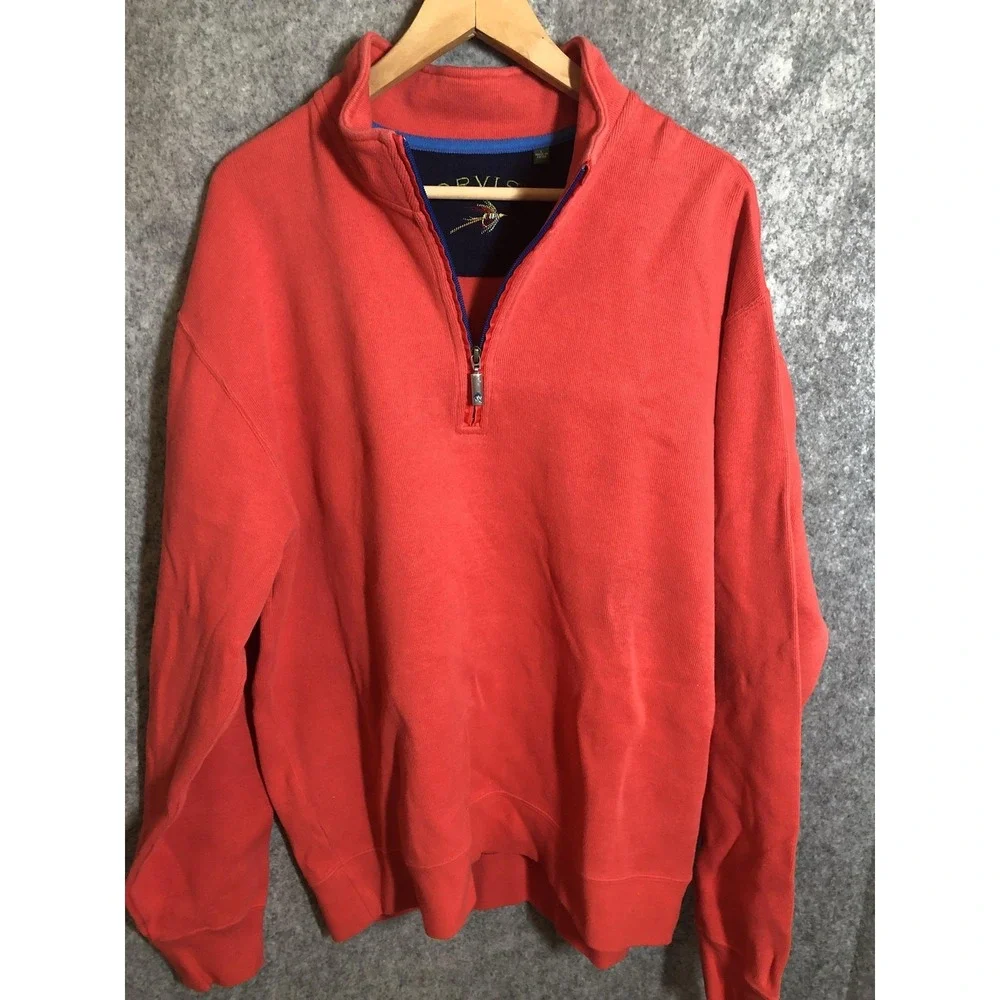 Orvis Sweater Mens XL Red Cotton Quarter Zip Mock Neck Pullover Knit Casual